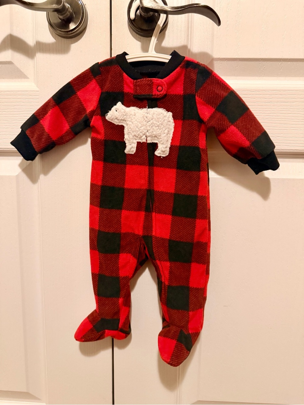 Carter's Red and Black Buffalo Plaid Footed One-Piece with Bear Applique